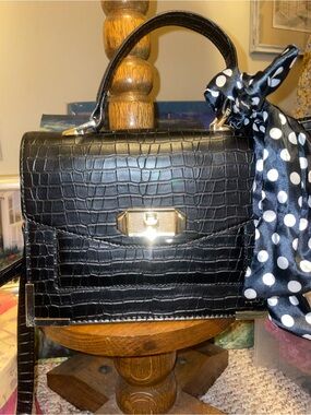 Aldo Black Croc-Embossed Top Handle Crossbody Bag with Gold Hardware